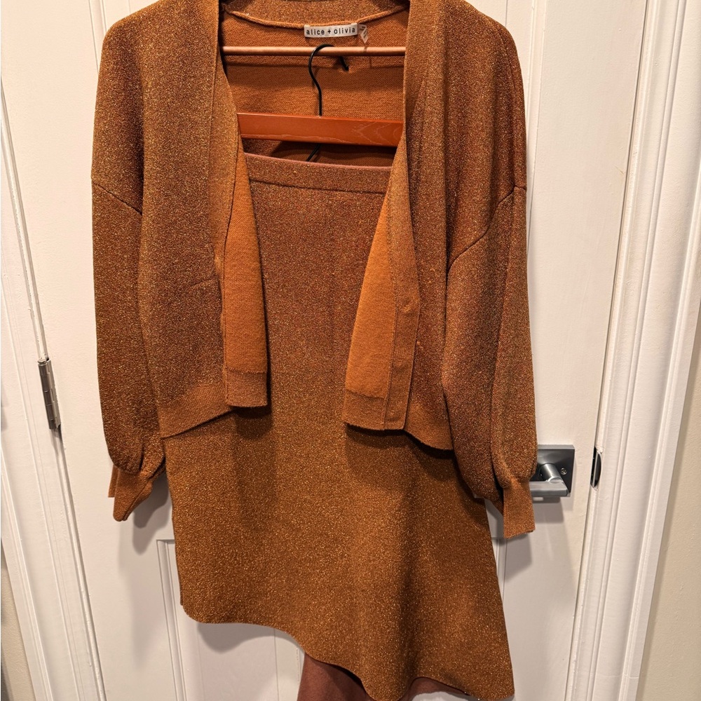 Alice + Olivia Rust Metallic Knit Cardigan and Skirt Set